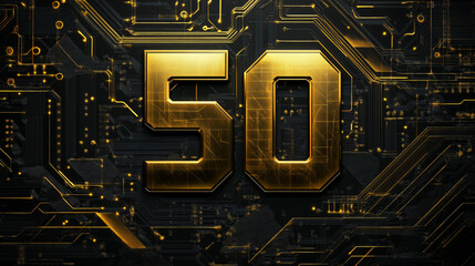 Golden 50 against a dark circuit board background, representing technology and innovation in a digital era