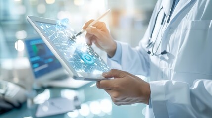 CuttingEdge Medicine Expert Doctor Utilizing Advanced Technology for Patient Education on Transparent Smart Board