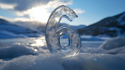 Transparent ice sculpture of the number six resting on a snowy surface under a bright blue sky at sunset