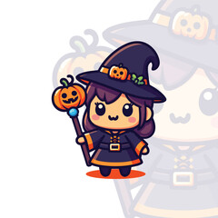 Chibi Pumpkin Witch Holding a Wand