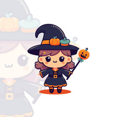 Chibi Pumpkin Witch Holding a Wand