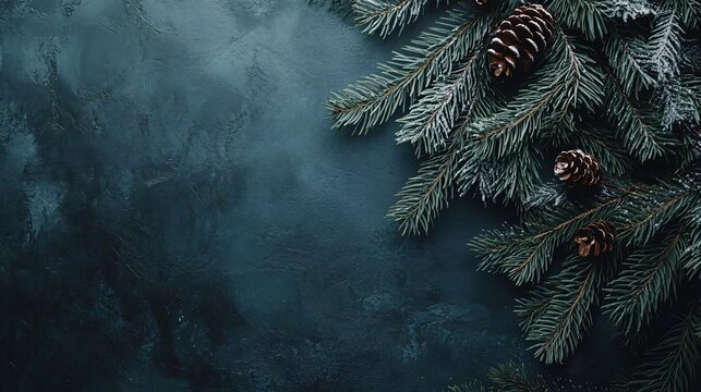 moody christmas backdrop with natural fir tree branch, perfect for seasonal holiday quotes and minimalist decor