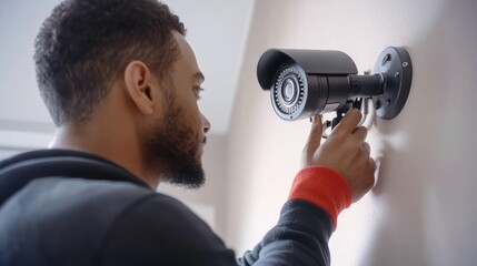 Close up shot of technician fixing cctv camera on wall at home - concept of safety professional worker and maintenance service