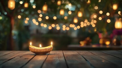 Golden diya on a wooden terrace, with a backdrop of a decorated outdoor setting filled with twinkling lights and hanging lanterns. Copy space, happy Diwali background, traditional, Indian festival