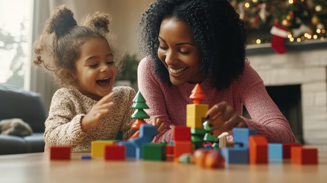 Happy African mother and children playing with building blocks, cute little girl playing with toy block and enjoying time