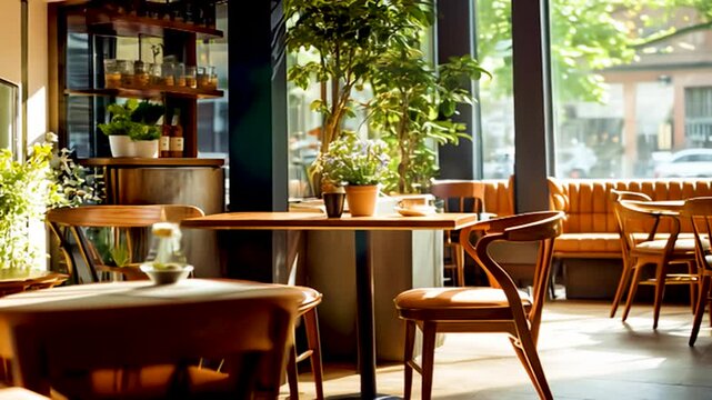 陽光が射し込む明るい喫茶店の店内風景