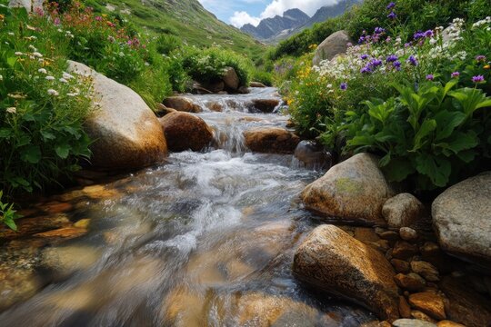 A crystal-clear mountain stream flowing over smooth rocks, surrounded by lush greenery and wildflowers.