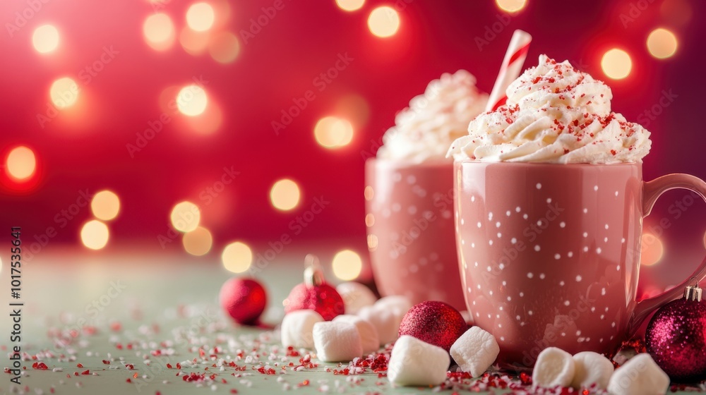 Poster hot chocolate with whipped cream and marshmallows, placed on a mint table with a deep ruby backdrop 