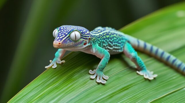 Blue-tailed ornate day gecko on palm tree leaf