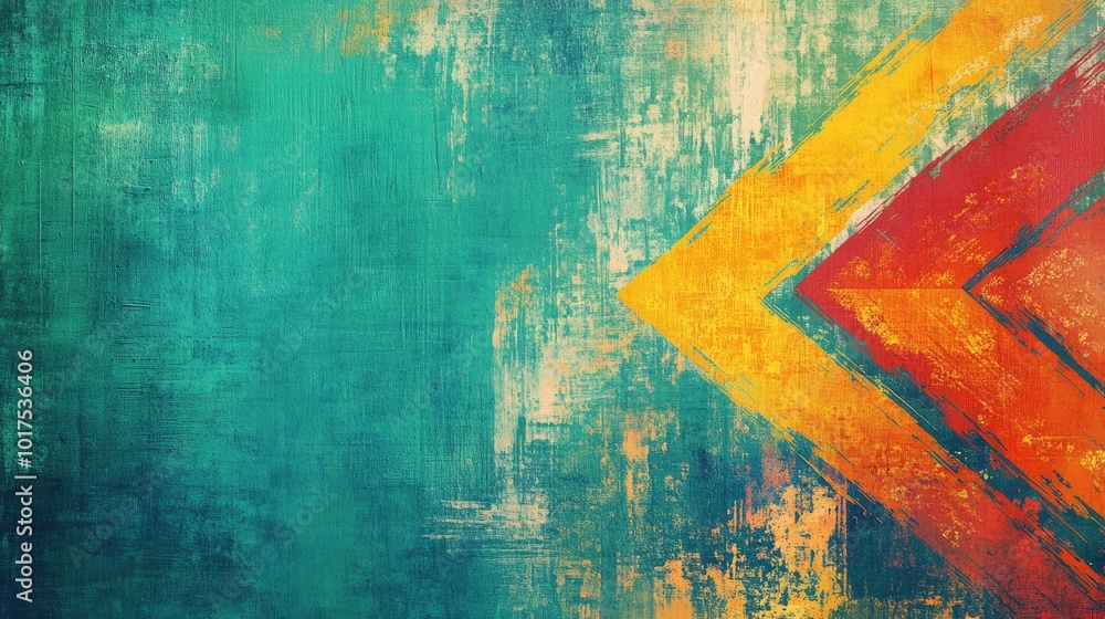 Poster abstract grunge arrow background with vibrant, colorful strokes on a bold teal backdrop, creating a 