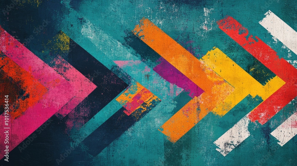 Aufkleber abstract grunge arrow background with vibrant, colorful strokes on a bold teal backdrop, creating a 