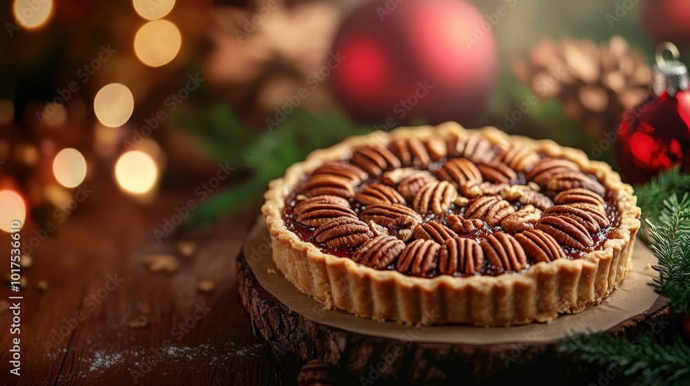 Poster pecan pie with holiday decorations, placed on a wooden table with a deep ruby background and soft ho