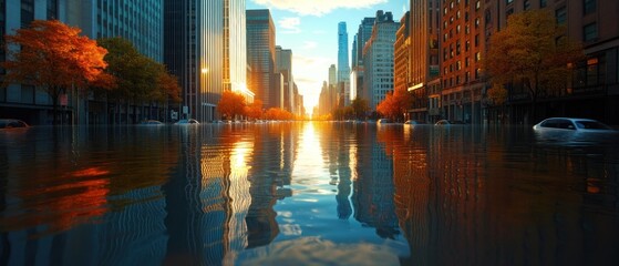 A city street submerged underwater, highlighting the consequences of heavy rainfall in an urban environment and its impact on infrastructure and daily life.