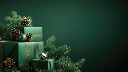 Elegant green gift boxes with pine branches, set against a rich green background, creating a harmonious Christmas celebration scene.