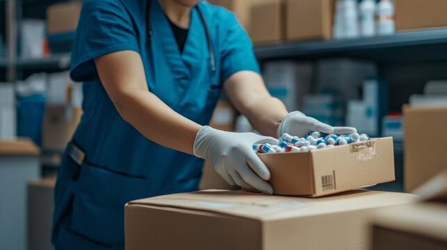 Pharmacy shipment pharmacist handling drugs healthcare delivery medical service