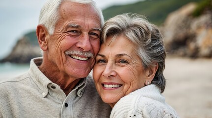 Senior couple on the beach hugging smiling. Romantic caucasian white elders wife husband enjoy retirement life outdoor