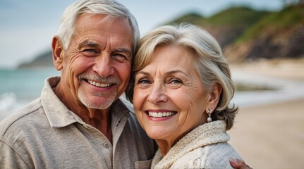 Fototapeta premium Senior couple on the beach hugging smiling. Romantic caucasian white elders wife husband enjoy retirement life outdoor