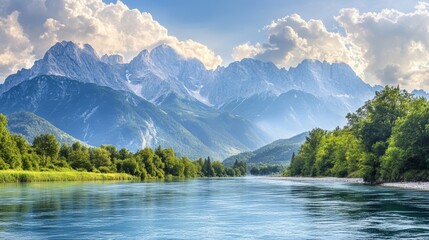 Fototapeta premium Drava river with panoramic view of majestic mountain ridges of karawanks and julian alps carinthia austria europe idyllic landscape in austrian alps natural wilderness in summer wanderlust