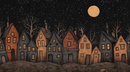 Fototapeta premium Nighttime Village with a Full Moon and Starry Sky