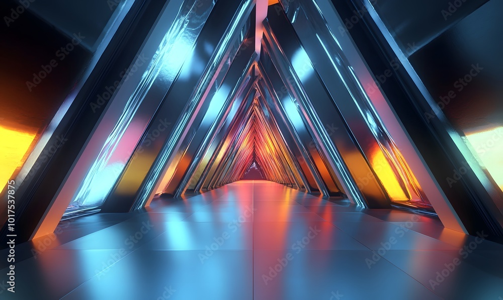 Poster a 3-d rendering of a futuristic hallway that is cool and trippy in a triangular shape, generative ai