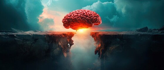 A 3D brain model floating between deep cliffs, critical decision-making and pathways to problem-solving, challenges and solutions.