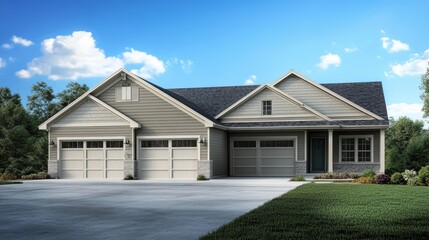 Large new home with 3-car garage against blue sky