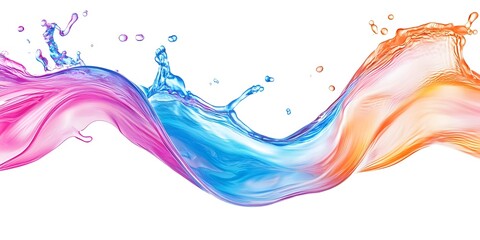 Fototapeta premium Blue, pink and orange liquid splash wave with fluid droplets isolated on a white background, generative ai 