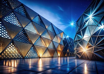 Fototapeta premium Night Photography of Abstract Modern Architecture with Geometric Patterns of Perforated Panels
