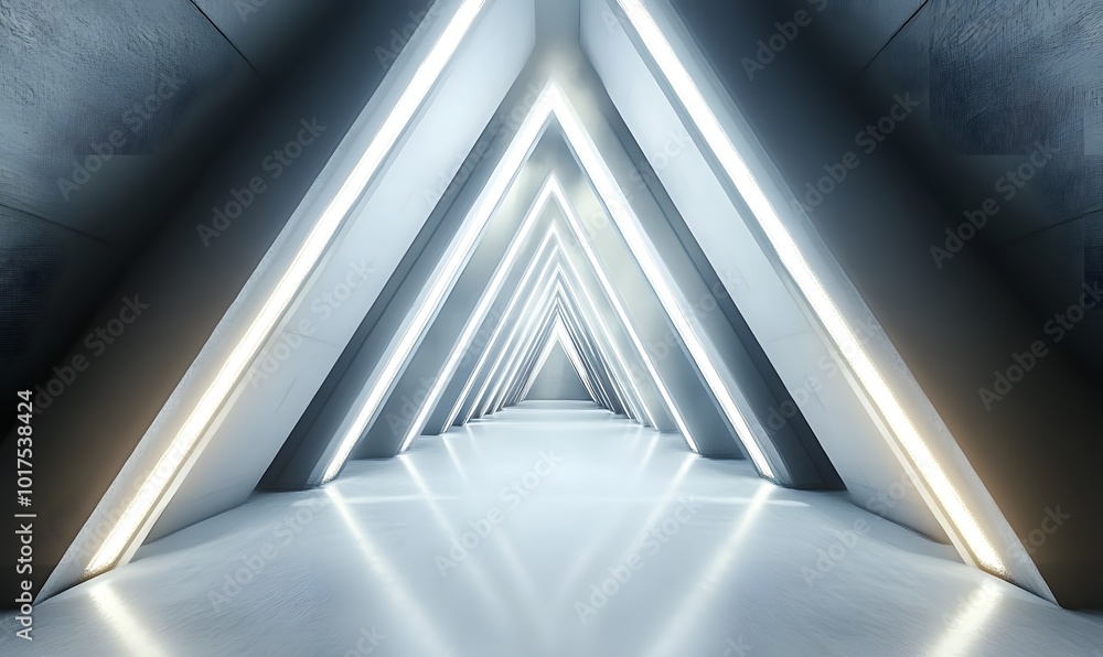 Poster a 3-d rendering of a futuristic hallway that is cool and trippy in a triangular shape, generative ai