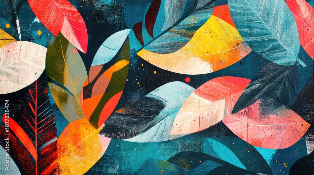 Poster lush tropical leaf patterns intertwined with bold abstract shapes, creating a dynamic and vibrant te