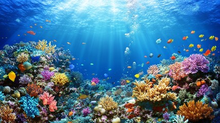 Obraz premium Underwater coral reef landscape super wide banner background in the deep blue ocean with colorful fish and marine life
