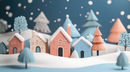 Fototapeta premium Papercut houses and trees in a winter village, surrounded by snow and softened abstract shapes for a cozy holiday look.