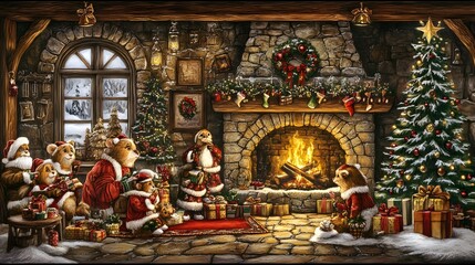 Fototapeta premium Anthropomorphic animals celebrating Christmas, exchanging gifts by a cozy fireplace, surrounded by holiday decorations, detailed festive scene capturing warmth, joy, and holiday spirit