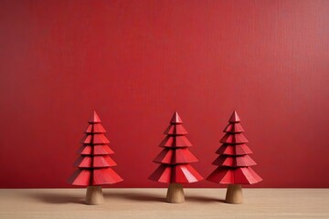 three red wooden christmas trees are on a table against a red wall