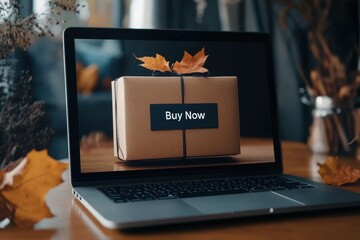 Cyber Monday Laptop Screen: A close-up of a laptop screen displaying a Cyber Monday landing page filled with special offers, discounts, and a "Buy Now" button, creating a sense of urgency and exciteme