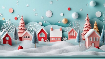 Snowy winter village with papercut houses and trees, surrounded by abstract shapes for a festive and whimsical holiday design.
