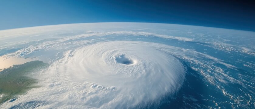 A satellite view of a hurricane showcasing swirling storm patterns over land and sea, emphasizing the scale and intensity of natural phenomenon.