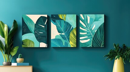 Tropical green leaves with sleek abstract shapes on a teal background, offering a contemporary and refreshing wall art style.