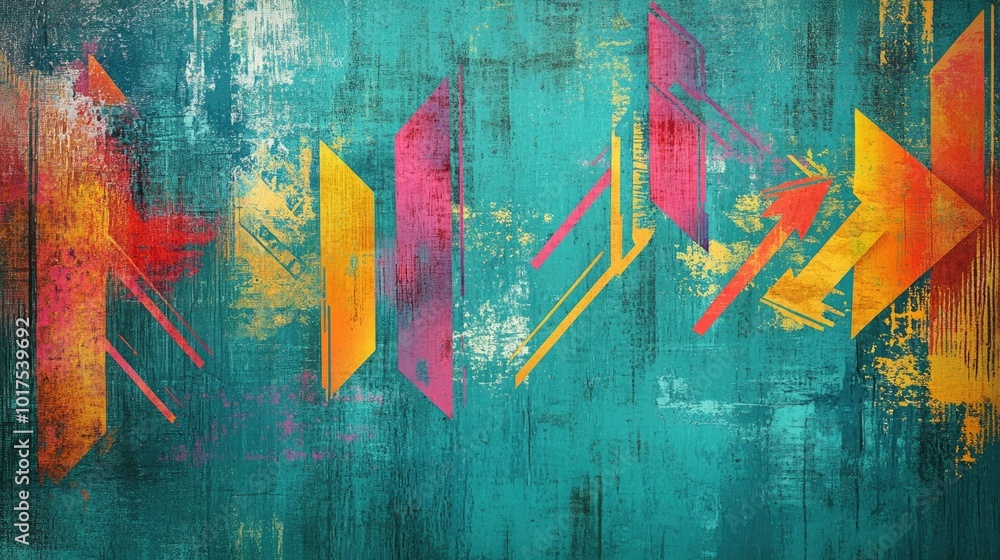 Poster vivid abstract arrows and colorful strokes scattered across a distressed teal background, creating a