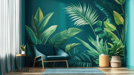 Vibrant tropical leaf patterns in green on a rich teal backdrop, surrounded by playful abstract shapes for a bold wall art concept.