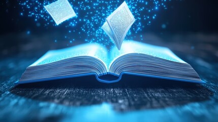 Fototapeta premium Open Book with Flying Pages Magic Light Rays Blue Glow Fantasy Concept