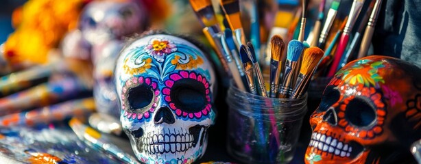 Fototapeta premium A detailed shot of a Day of the Dead face painting station, with brushes, face paints, and sugar skull designs in progress