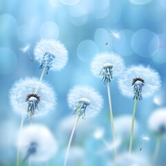  Soft focus on dandelions flower, extreme closeup, abstract blue spring nature background, generative ai
