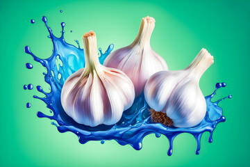 illustration of Garlic and liquid splashing on the green background.	