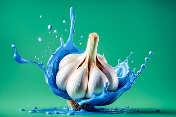 illustration of Garlic and liquid splashing on the green background.	