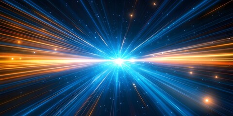 Light speed, light beams moving fast in space, blue and orange colors, abstract background with glow lines, motion blur effect, generative ai
