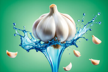 illustration of Garlic and liquid splashing on the green background.	