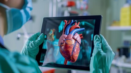CuttingEdge Technology Healthcare Professional Engaging with 3D Heart Animation on Tablet in Clinical Setting
