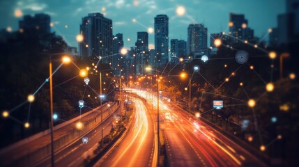 A city skyline at dusk with illuminated traffic and digital connectivity elements.