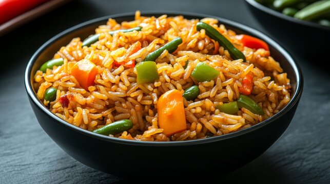 Veg schezwan fried rice in black bowl at dark slate background vegetarian szechuan rice is indo-chinese cuisine dish with bell peppers green beans carrot copy space